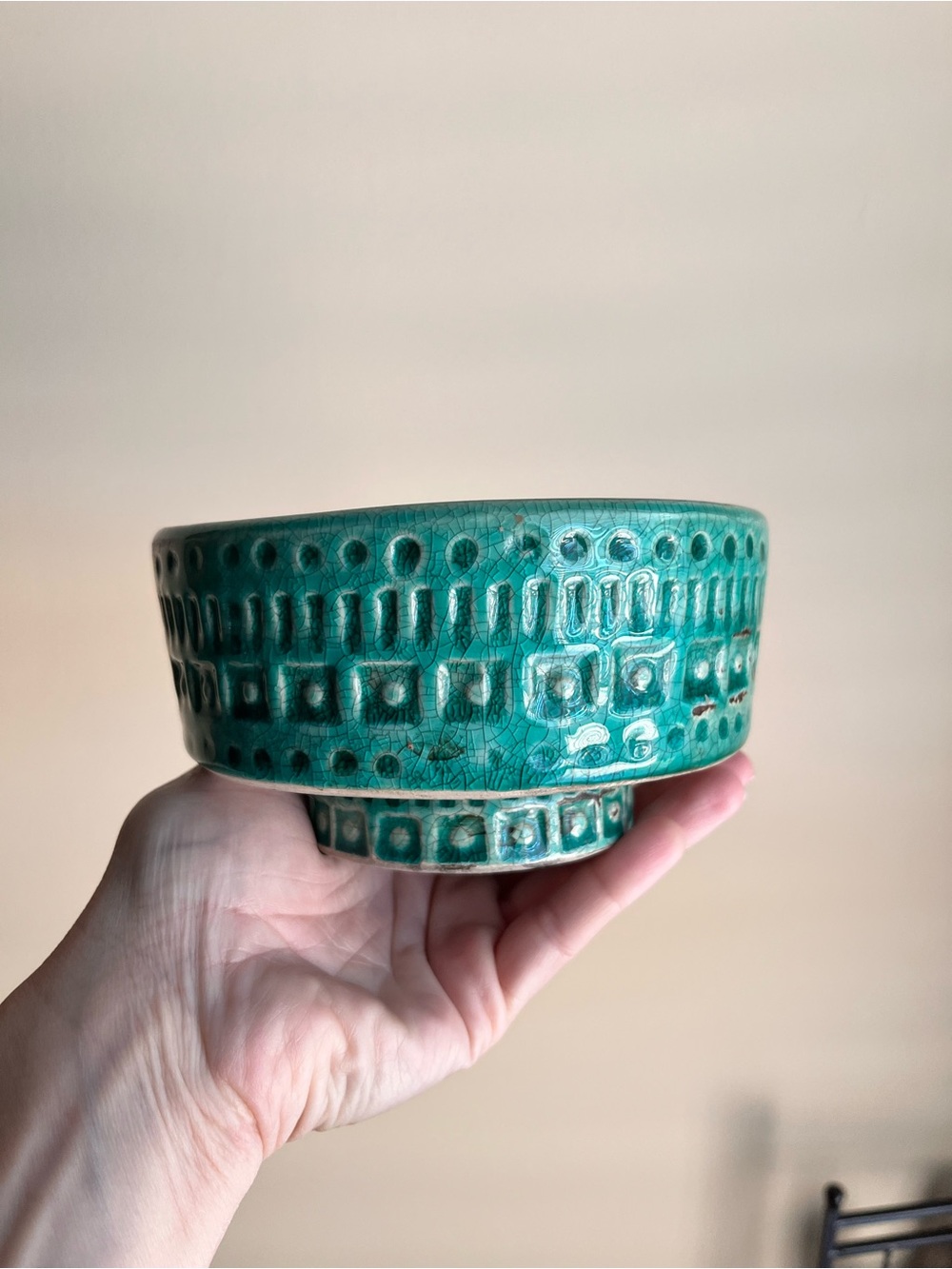 Bitossi style footed bowl teal crackled ceramic decor rustic